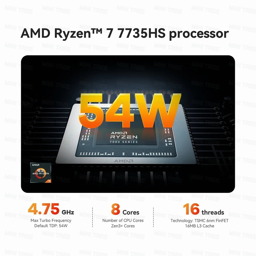 AMD Ryzen™ 7 7735HS processor 4.75 GHz Max Turbo Frequency Default TDP: 54W 8 Cores Number of CPU Cores Zen3+ Cores