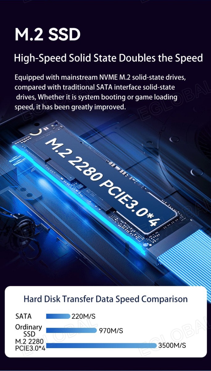 Hard Disk Transfer Data Speed Comparison 970M/S 3500M/S SATA *220M/S Ordinary SSD M.2 2280 PCIE3.0*4L High-Speed Solid State Doubles the Speed Equipped with mainstream NVME M.2 solid-state drives, compared with traditional SATA interface solid-state drives, Whether it is system booting or game loading speed, it has been greatly improved, M.2 SSD