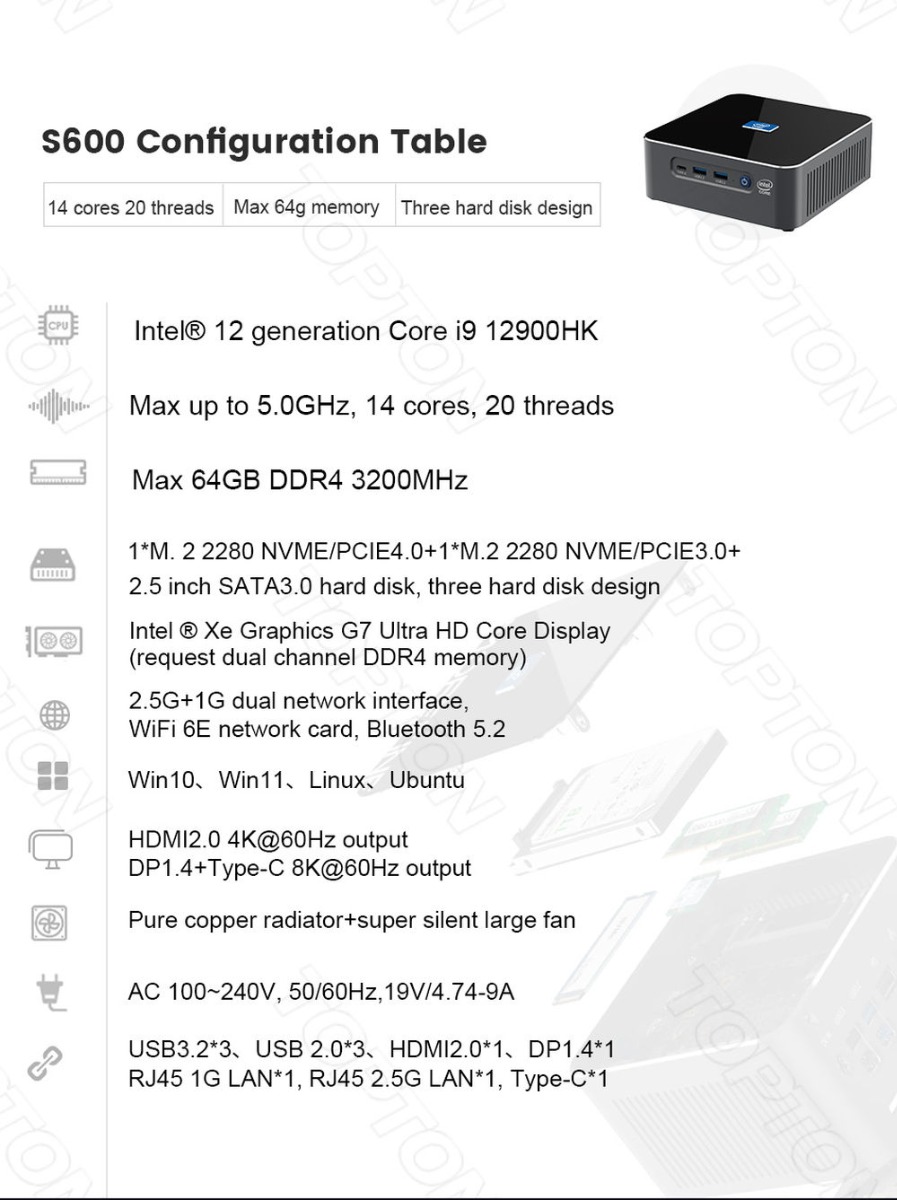 Powerfull mini gaming PC VenBOX S600 Intel Core i9-12900H, DDR5 2xRJ45, HDMI, DP, WiFi6E, BT5.2